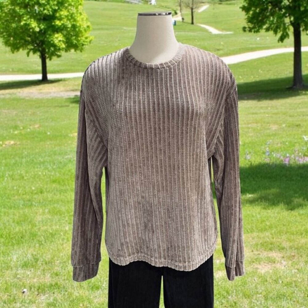 Lulus Chenille Sweater Womens Large Taupe‎ Ribbed Knit Soft Cozy Fall Winter Top
